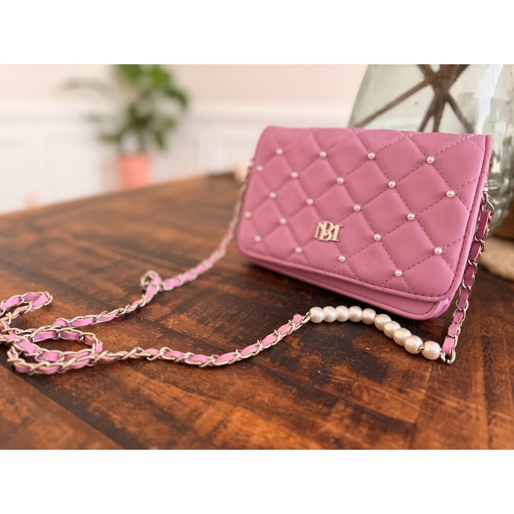 Badgley Mischka Pink Diamond Quilted Pearl Flap Crossbody Shoulder Bag - Picture 2 of 8